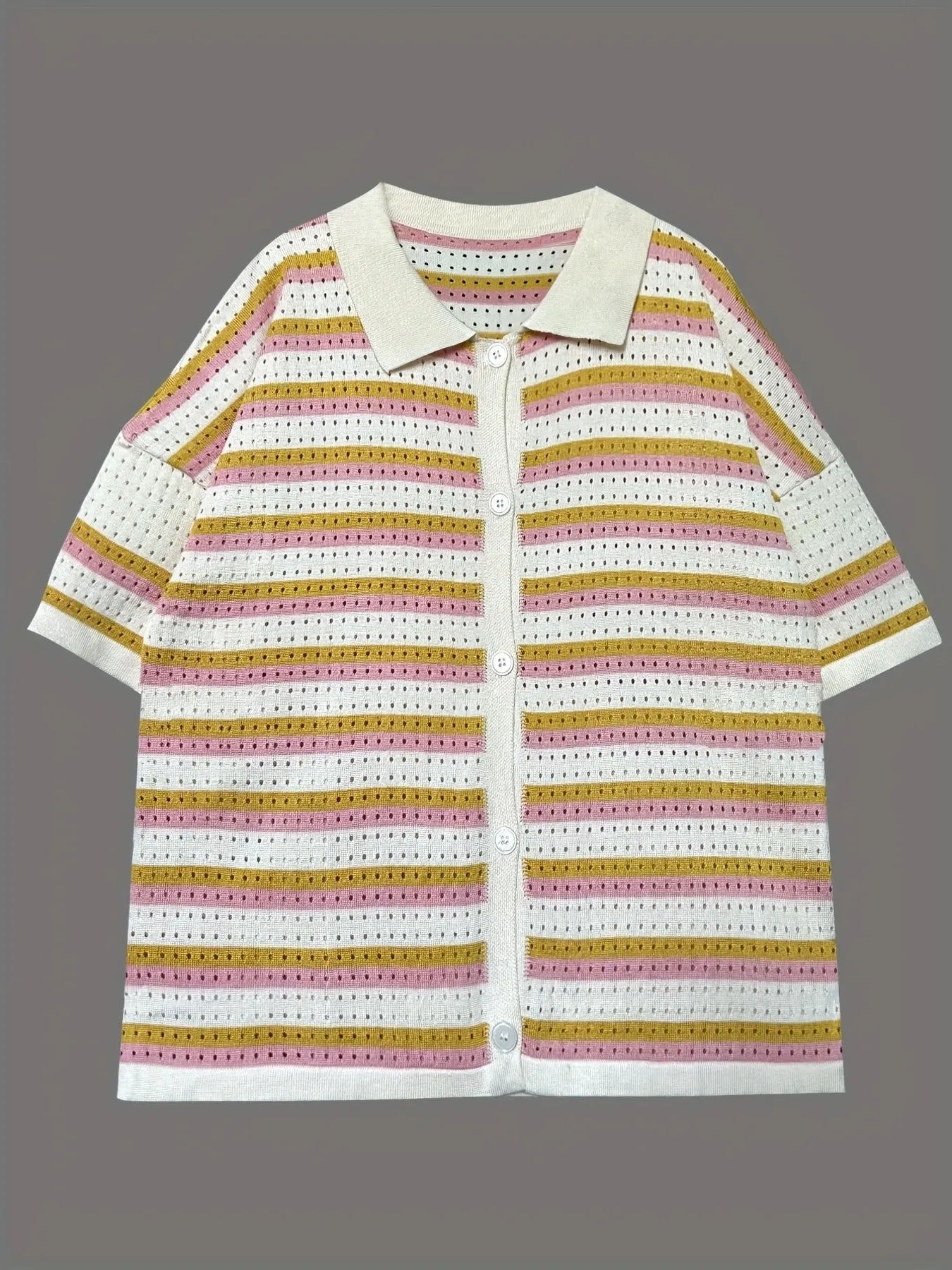 Colorful Striped Button Up Top and Shorts Sweater Set Easy Apparels