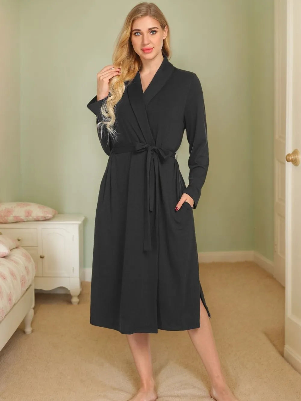 Tied Lounge Nightgown with Pockets Black Easy Apparels