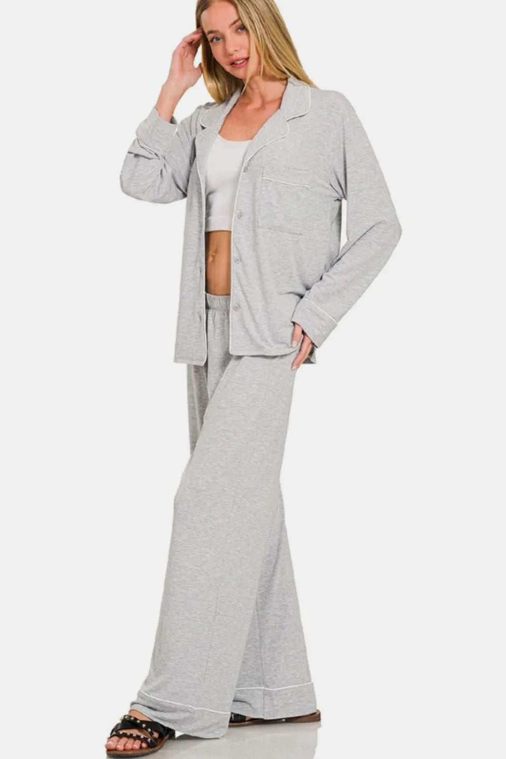 Zenana Button Down Long Sleeve Top and Pants Lounge Set Easy Apparels