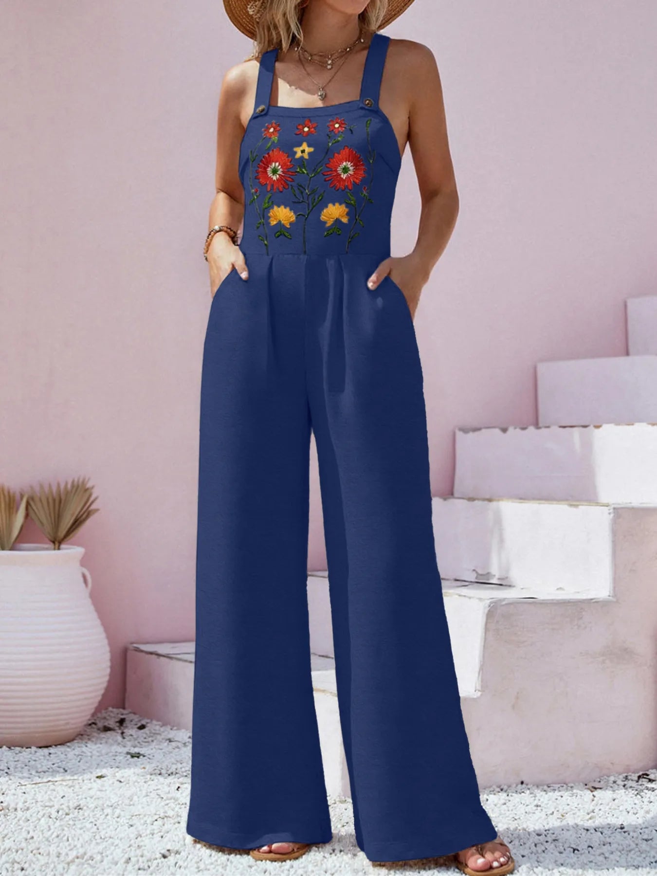 Floral Embroidered Wide Leg Jumpsuit Easy Apparels