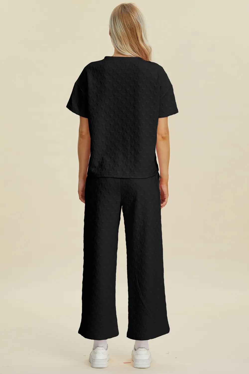 Double Take Full Size Texture Round Neck Short Sleeve Top and Pants Set Easy Apparels