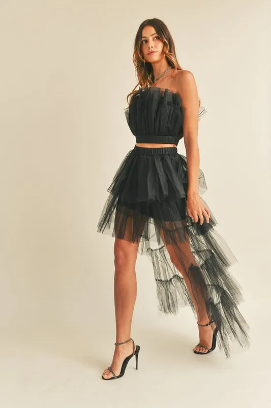 MABLE Tulle Tube Ruffle Crop Top and High Low Maxi Skirt Set Easy Apparels