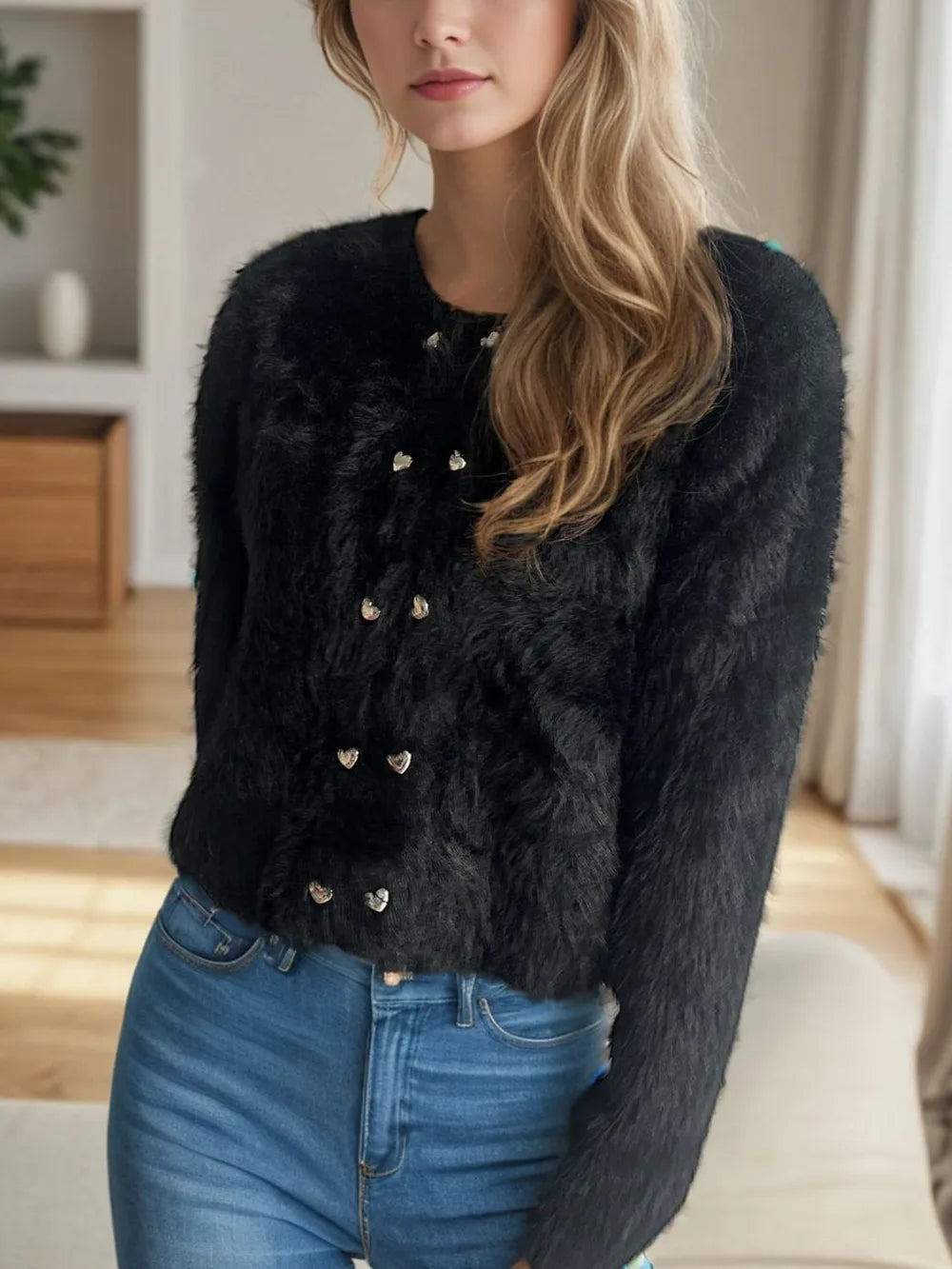 Heart Button Round Neck Cardigan Easy Apparels