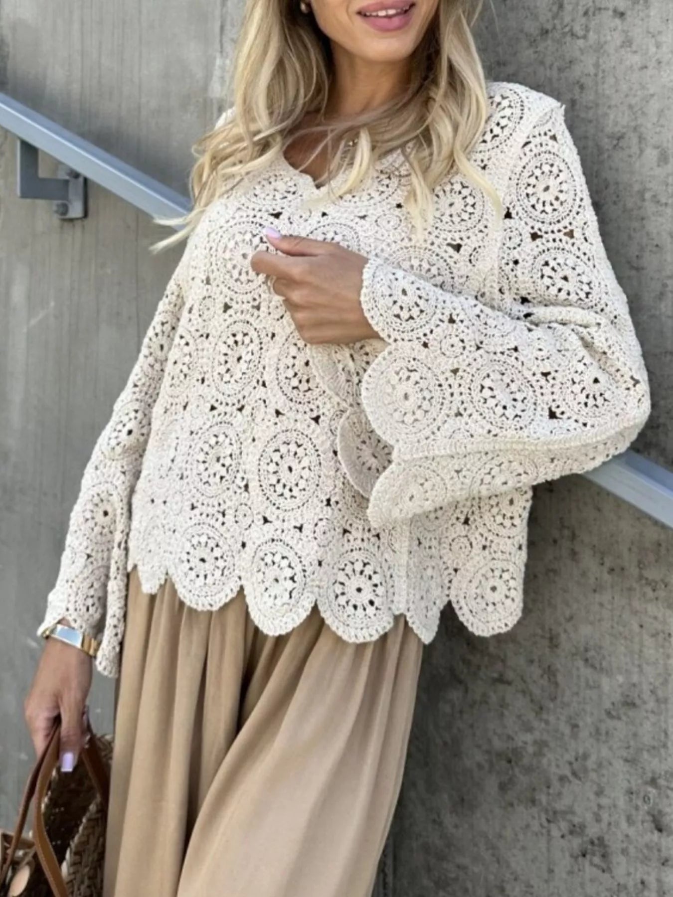 Trendsi Crochet Lace V-Neck Bell Sleeve Knit Top