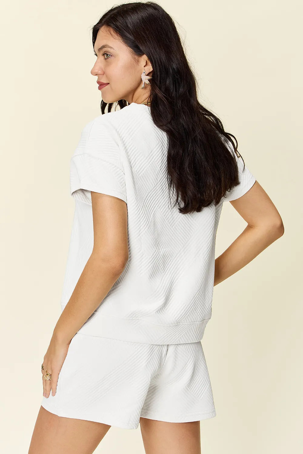 Double Take Full Size Texture Short Sleeve T-Shirt and Drawstring Shorts Set Easy Apparels