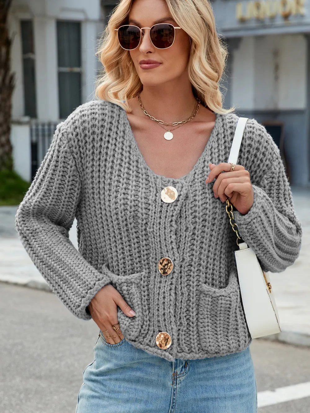 Round Neck Button Up Cardigan with Pockets Easy Apparels
