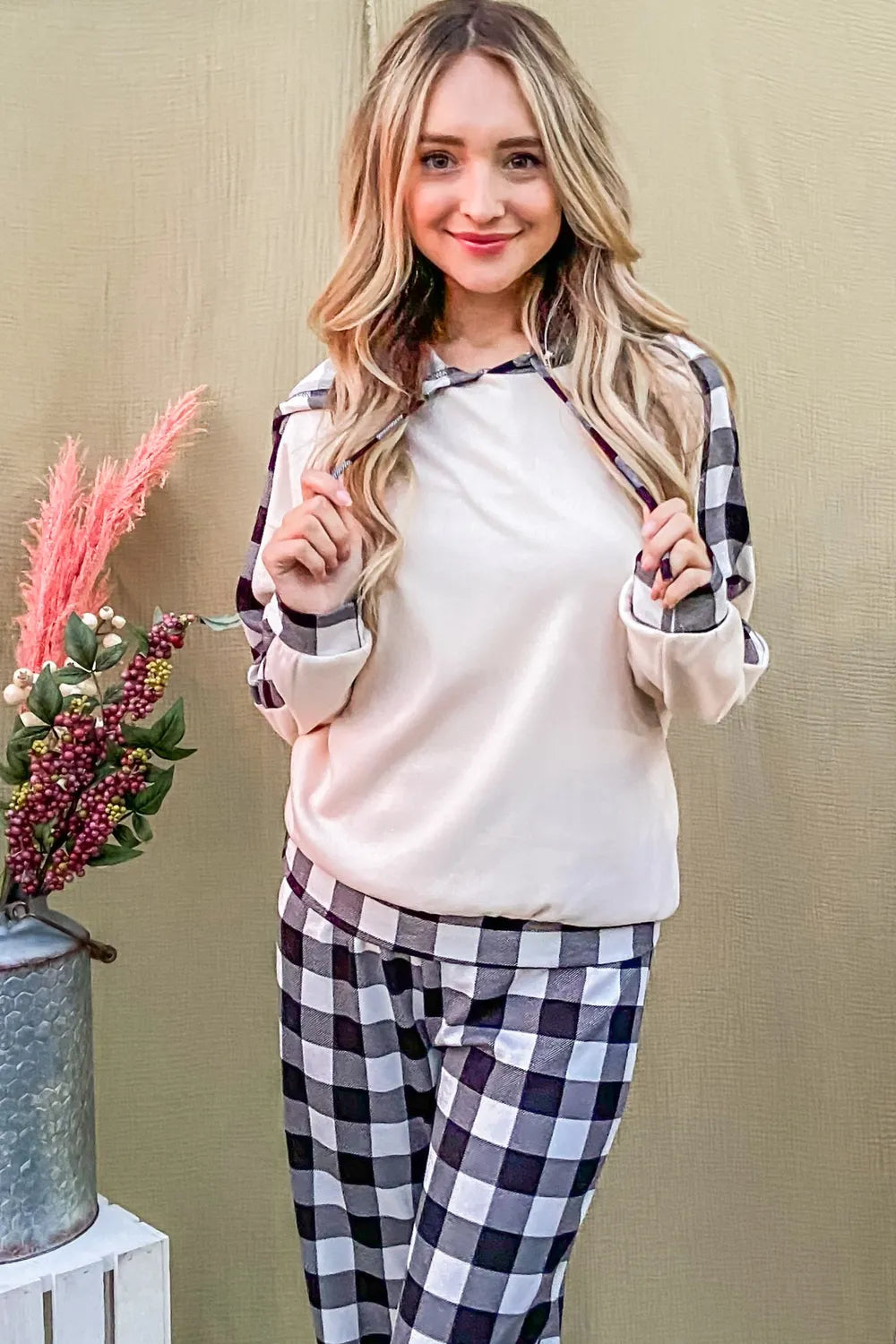 And The Why Drawstring Hooded Top and Plaid Pants Lounge Set Easy Apparels