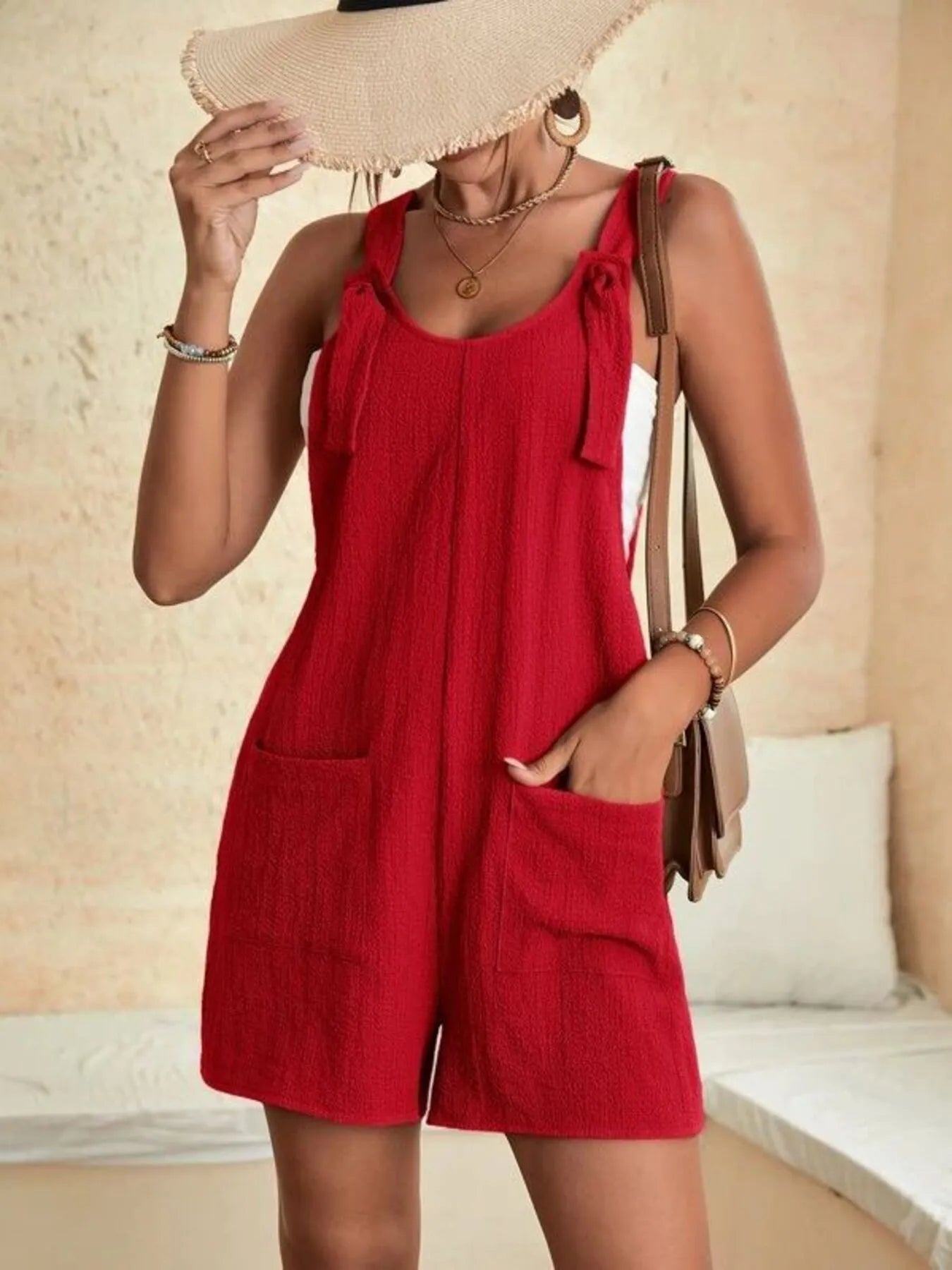 Full Size Knot Strap Romper with Pockets Plus Size Easy Apparels
