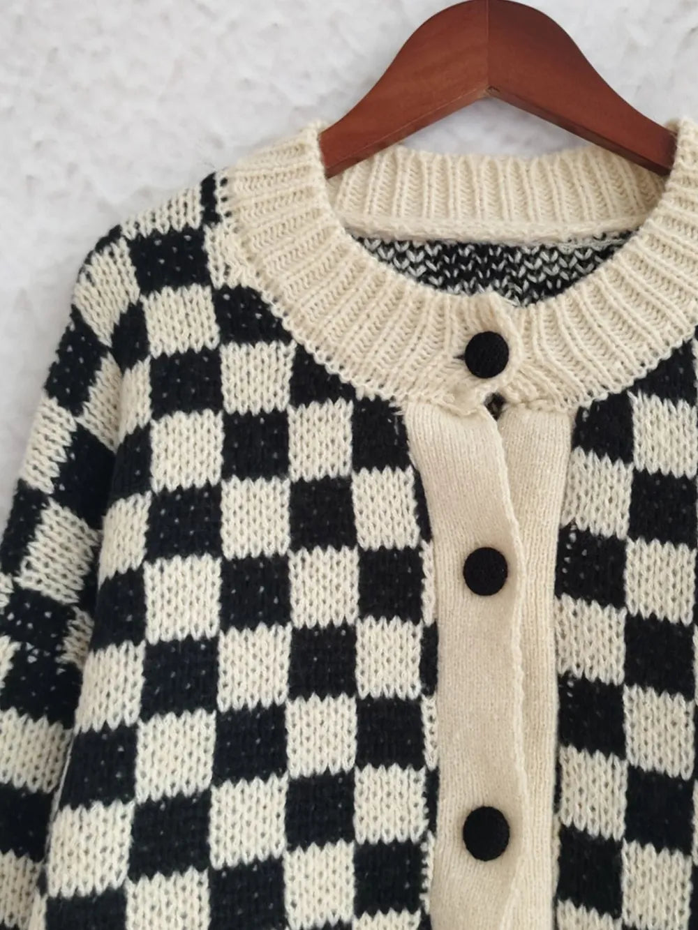 Checkered Button Up Round Neck Cardigan Easy Apparels