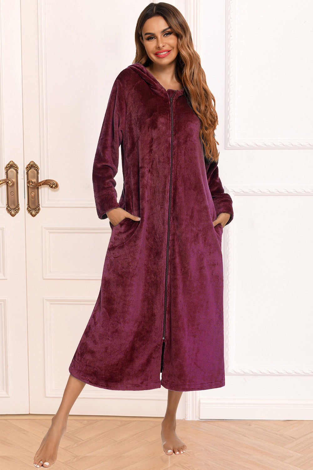 Zip Front Hooded Night Dress with Pockets Wine Easy Apparels