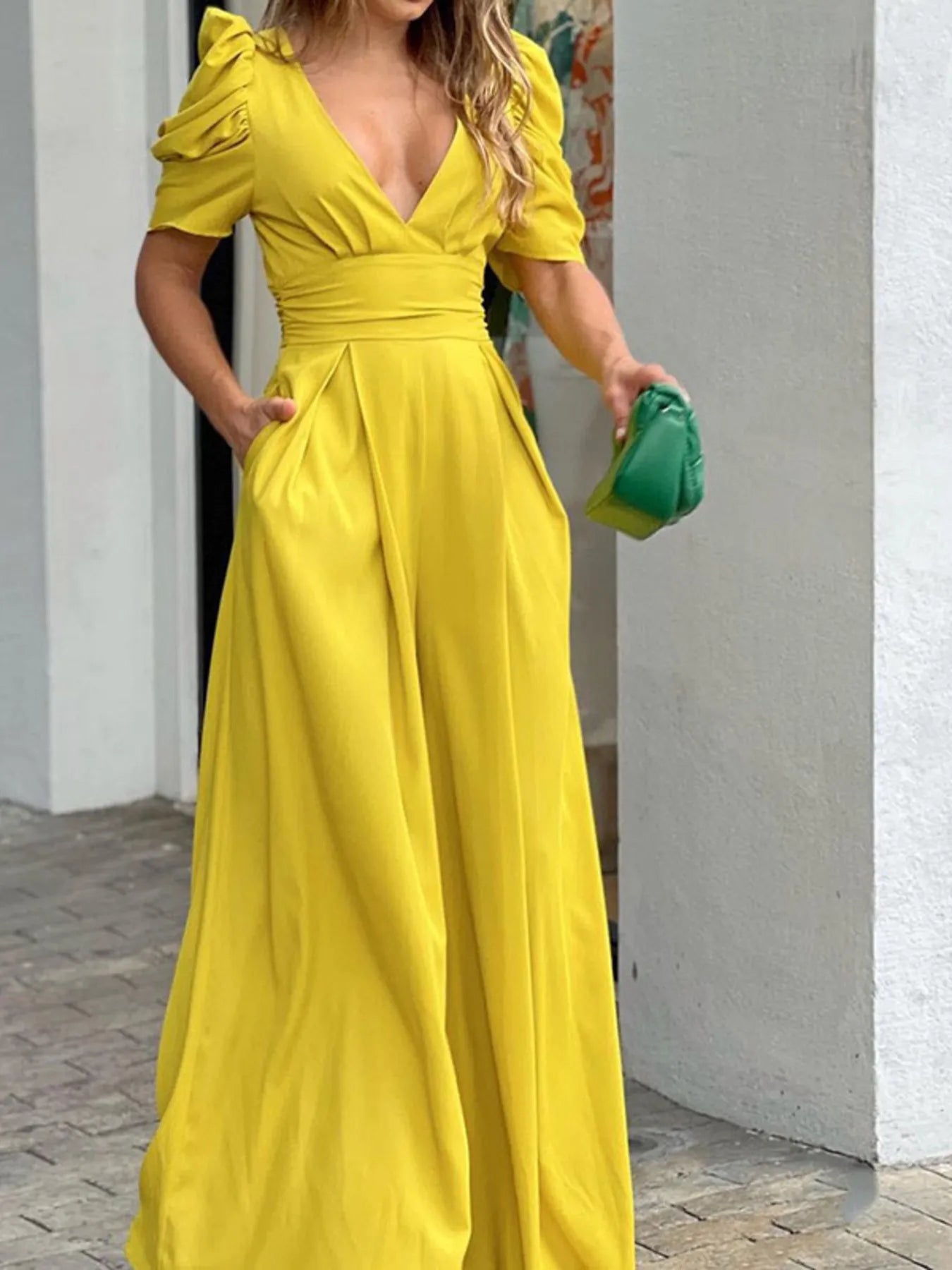 Full Size Cutout V-Neck Puff Sleeve Jumpsuit Plus Size Yellow Easy Apparels