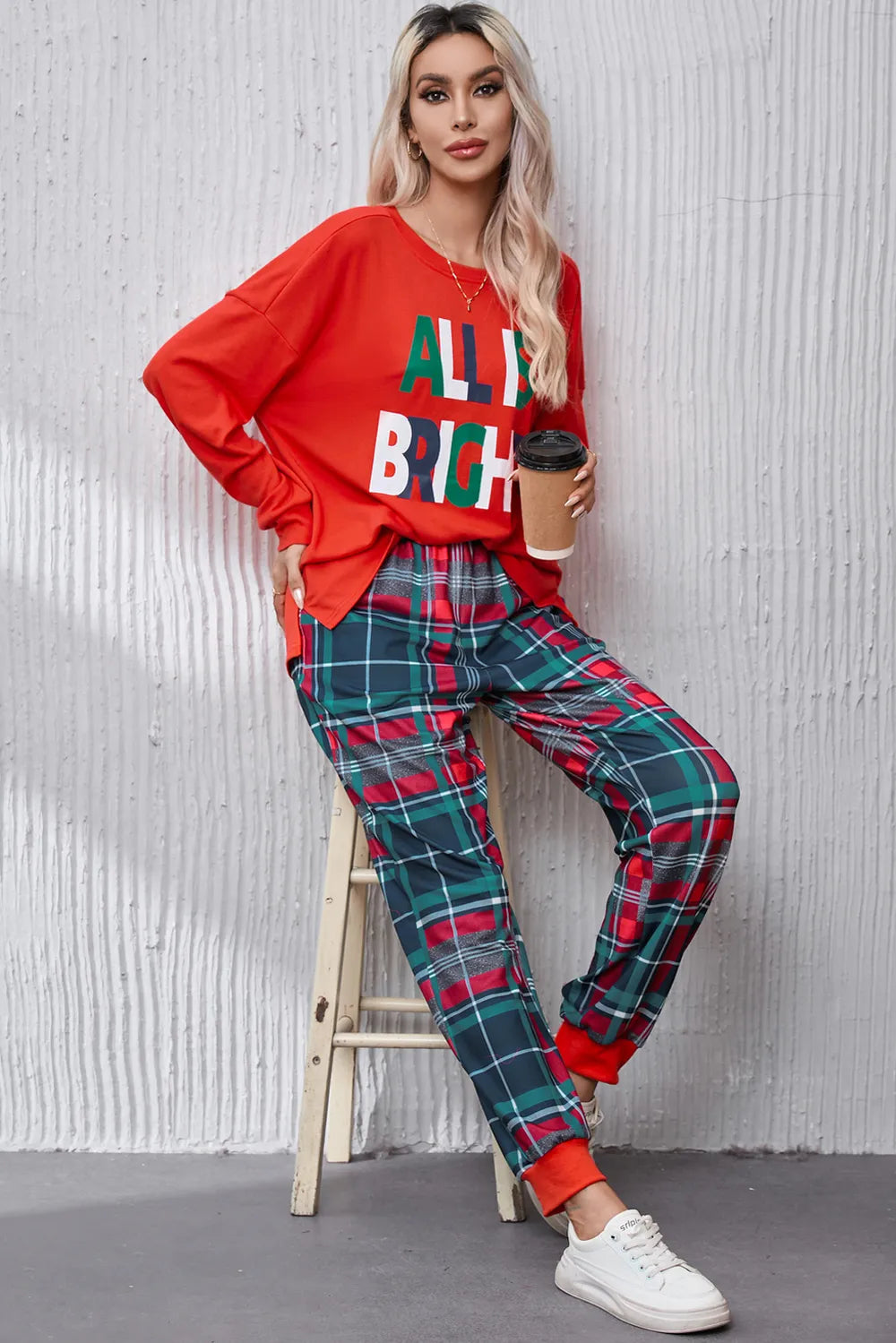 ALL IS BRIGHT Round Neck Top and Plaid Pants Lounge Set Easy Apparels