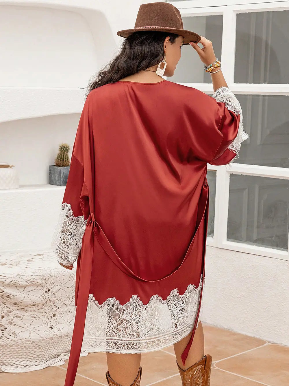 Plus Size Lace Patchwork Tie Front Robe Easy Apparels