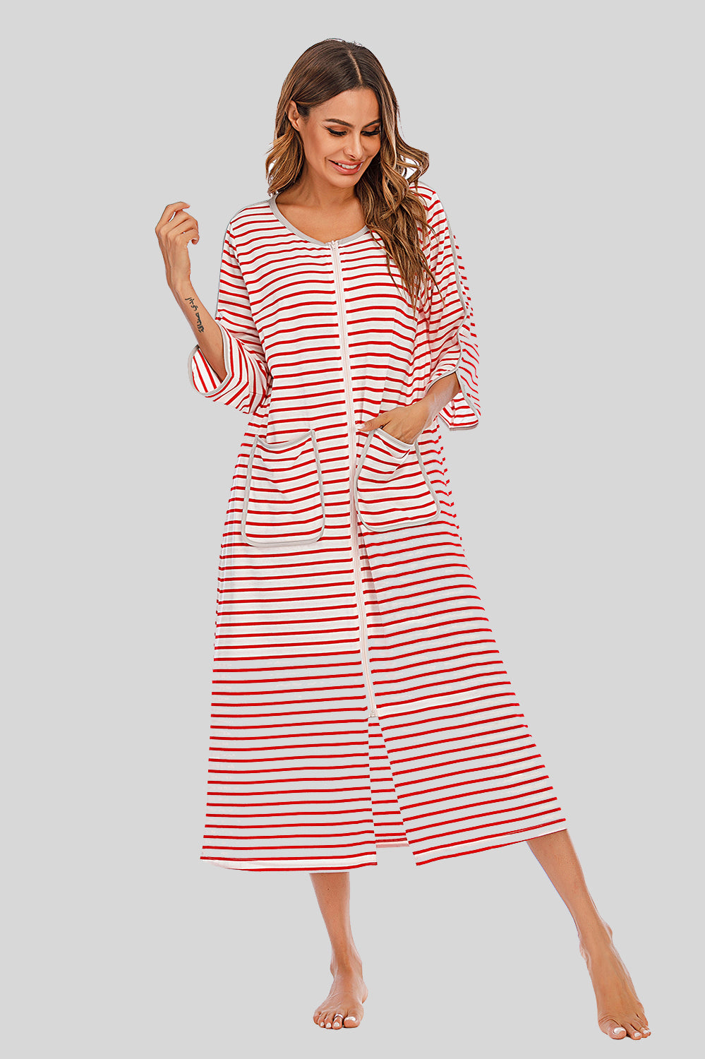 Round Neck Three-Quarter Sleeve Midi Night Dress Red Easy Apparels