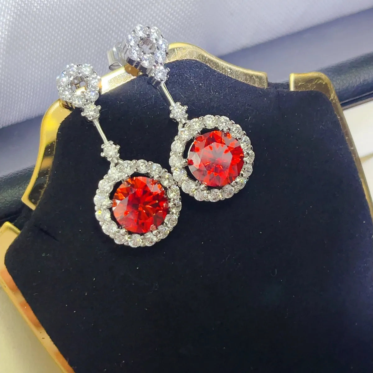 4 Carat Ruby Red Crystal Drop Earrings with Rhinestone Halo Easy Apparels