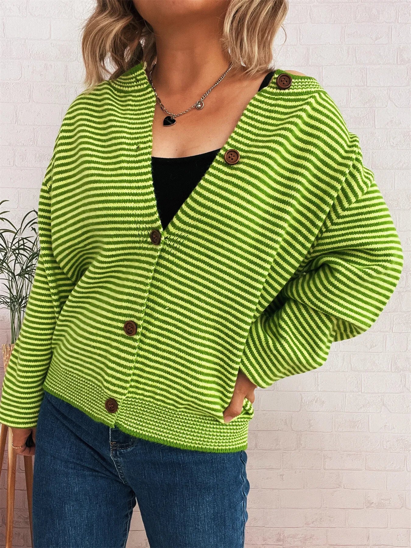 Striped Button Up Long Sleeve Cardigan Easy Apparels