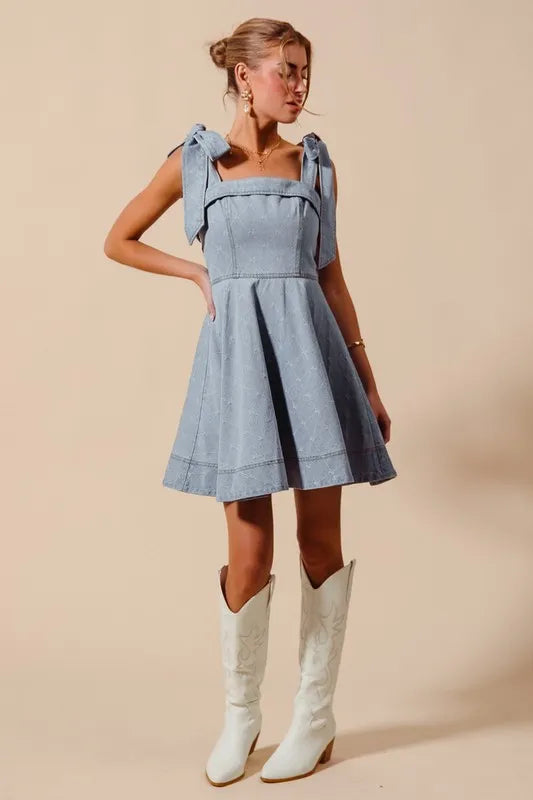 SO ME A Line Fit and Flare Diamond Bow Ribbon Denim Dres Easy Apparels