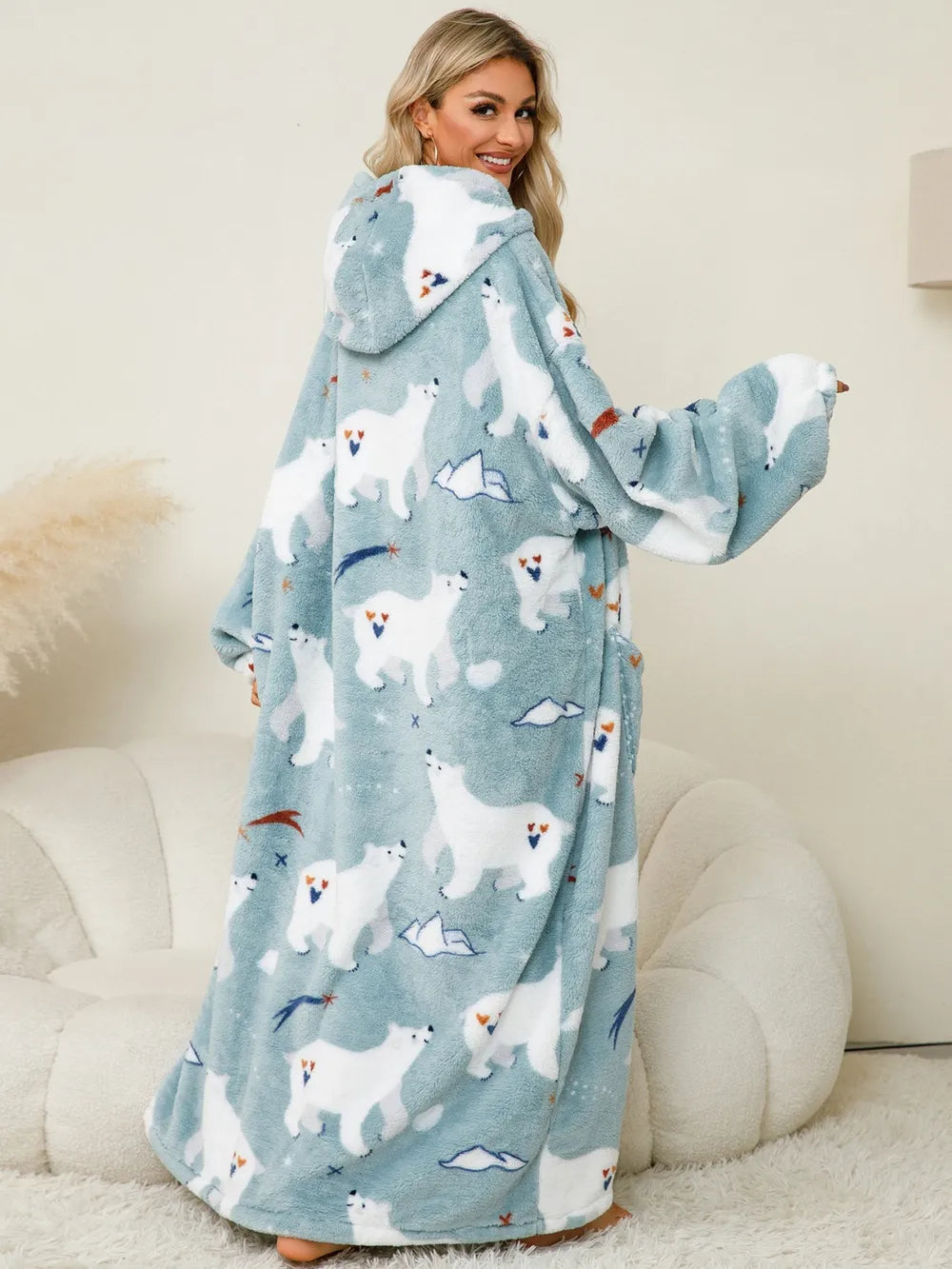 Fuzzy Pocketed Long Sleeve Hooded Lounge Dress Easy Apparels