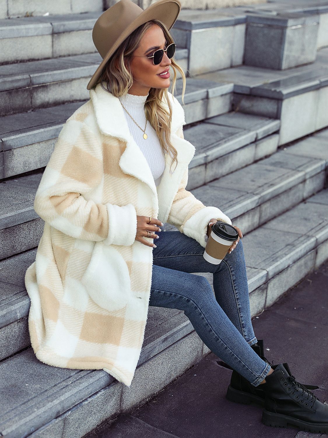 Plaid Button Down Coat with Pockets Easy Apparels