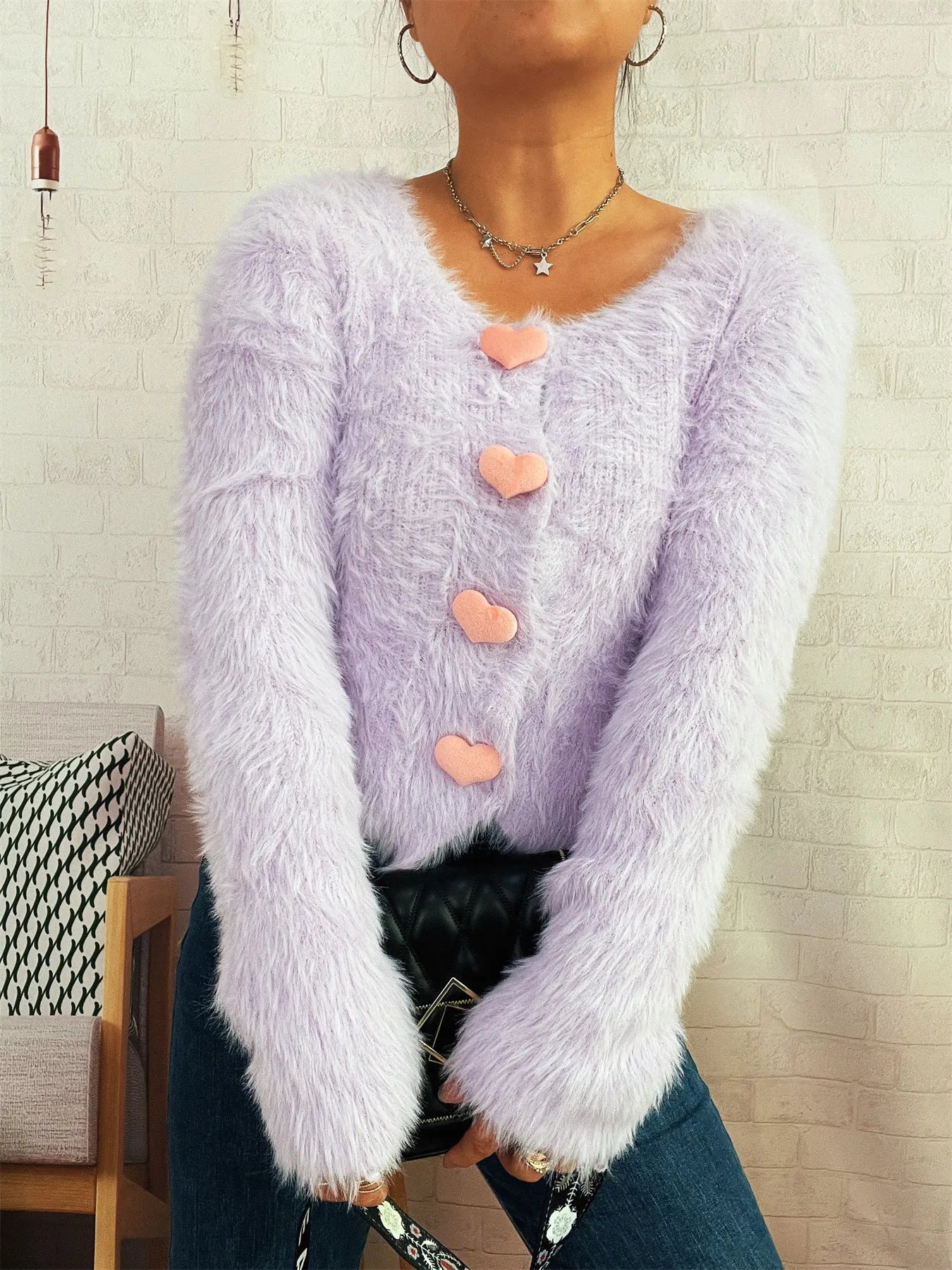 Fuzzy Heart Shape Button-Up Cardigan Purple One Size Easy Apparels