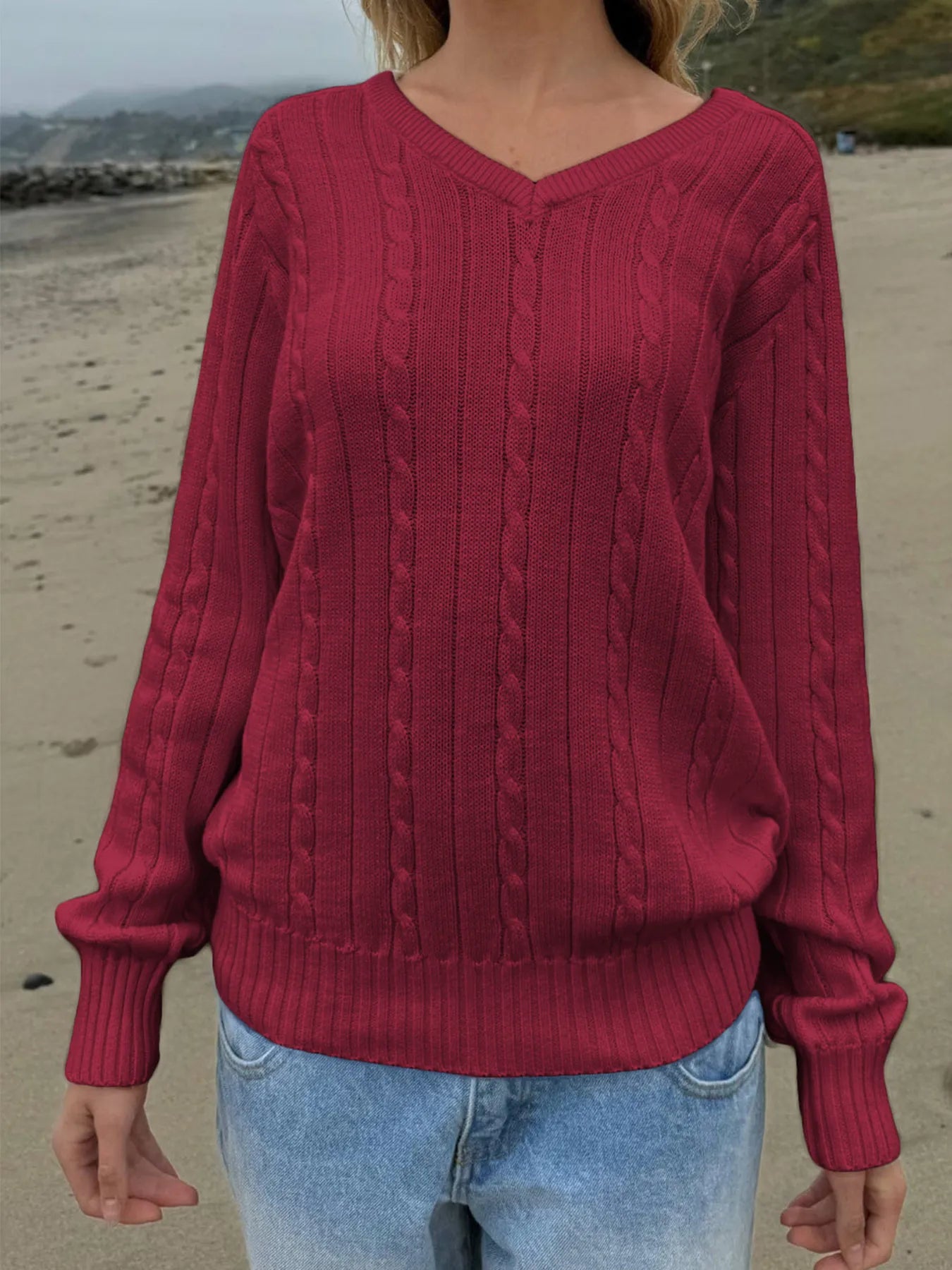Trendsi Cable Knit V-Neck Pullover Sweater
