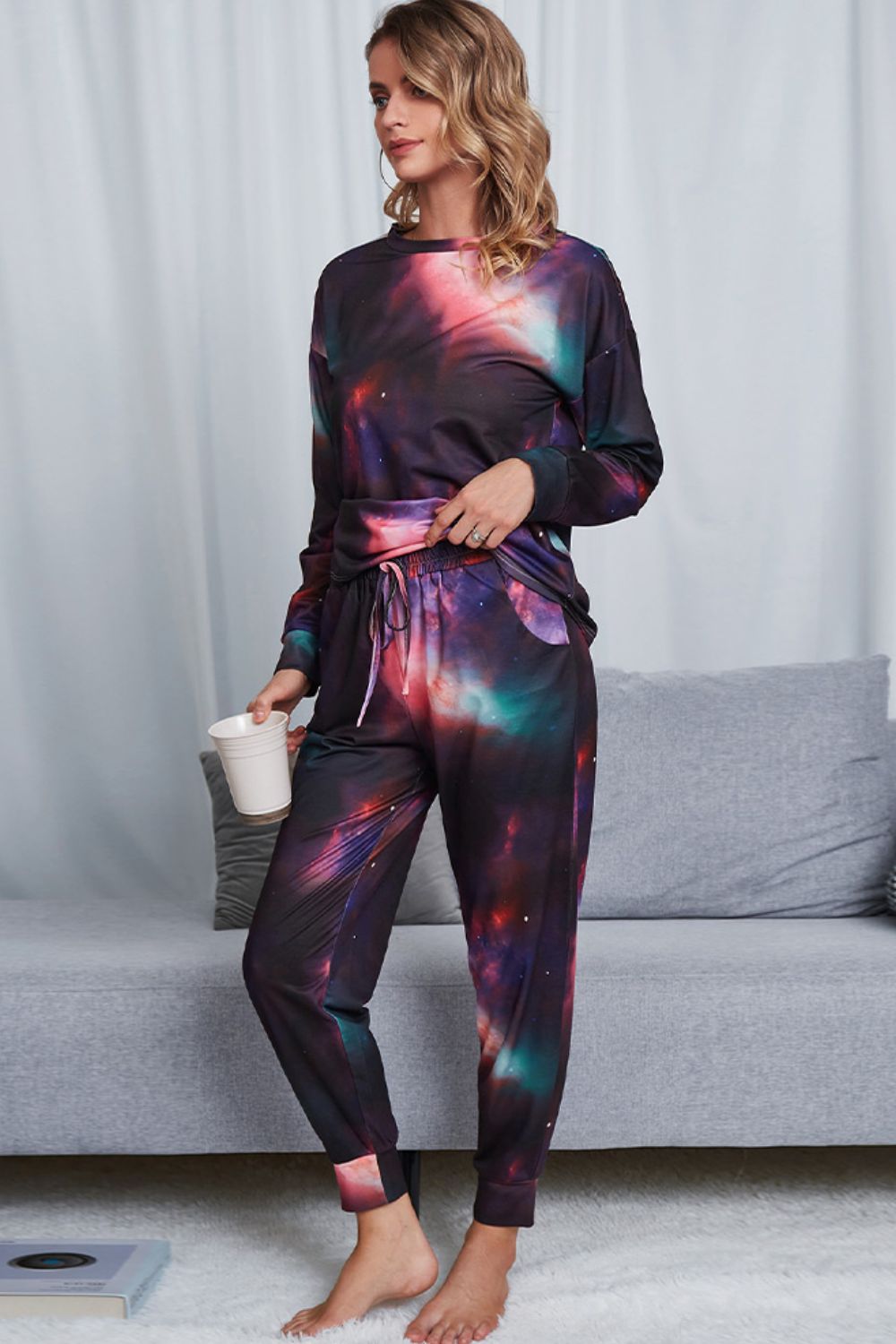 Shiny Tie-Dye Crewneck Top and Drawstring Waist Joggers Lounge Set Easy Apparels