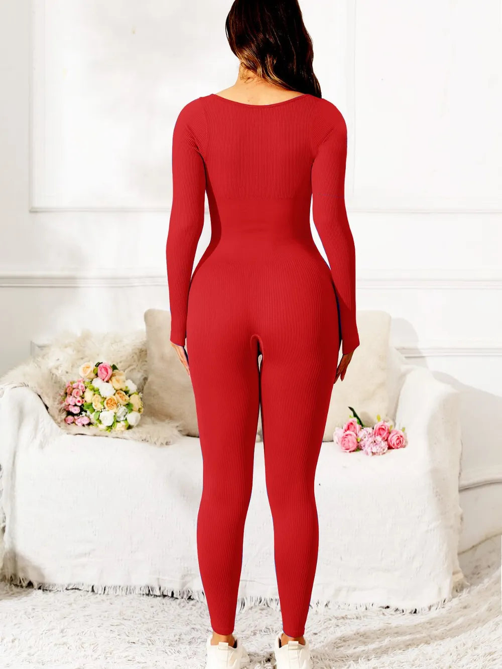 Scoop Neck Long Sleeve Active Jumpsuit Easy Apparels
