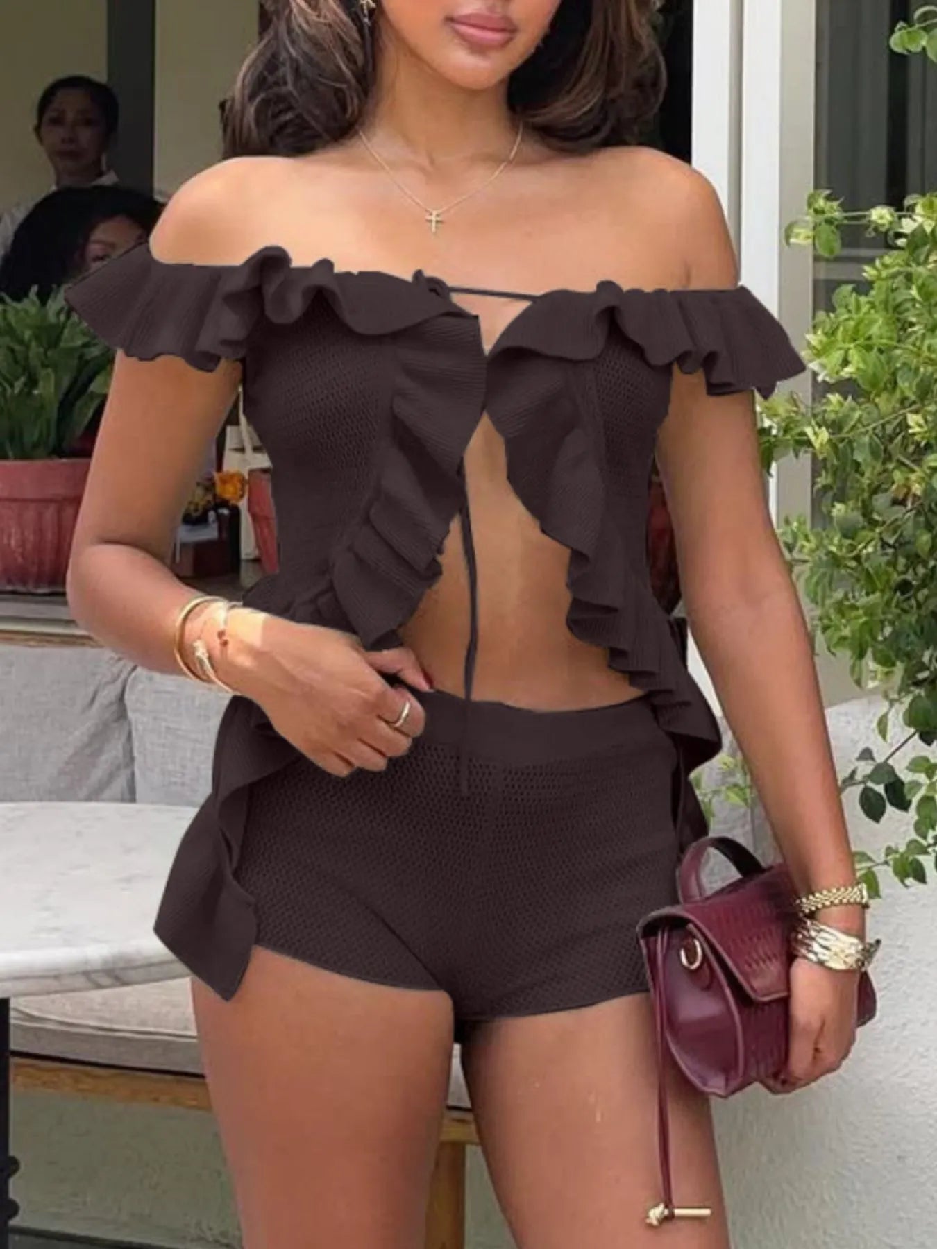 Off-Shoulder Ruffle Top and Shorts Sweater Set Easy Apparels