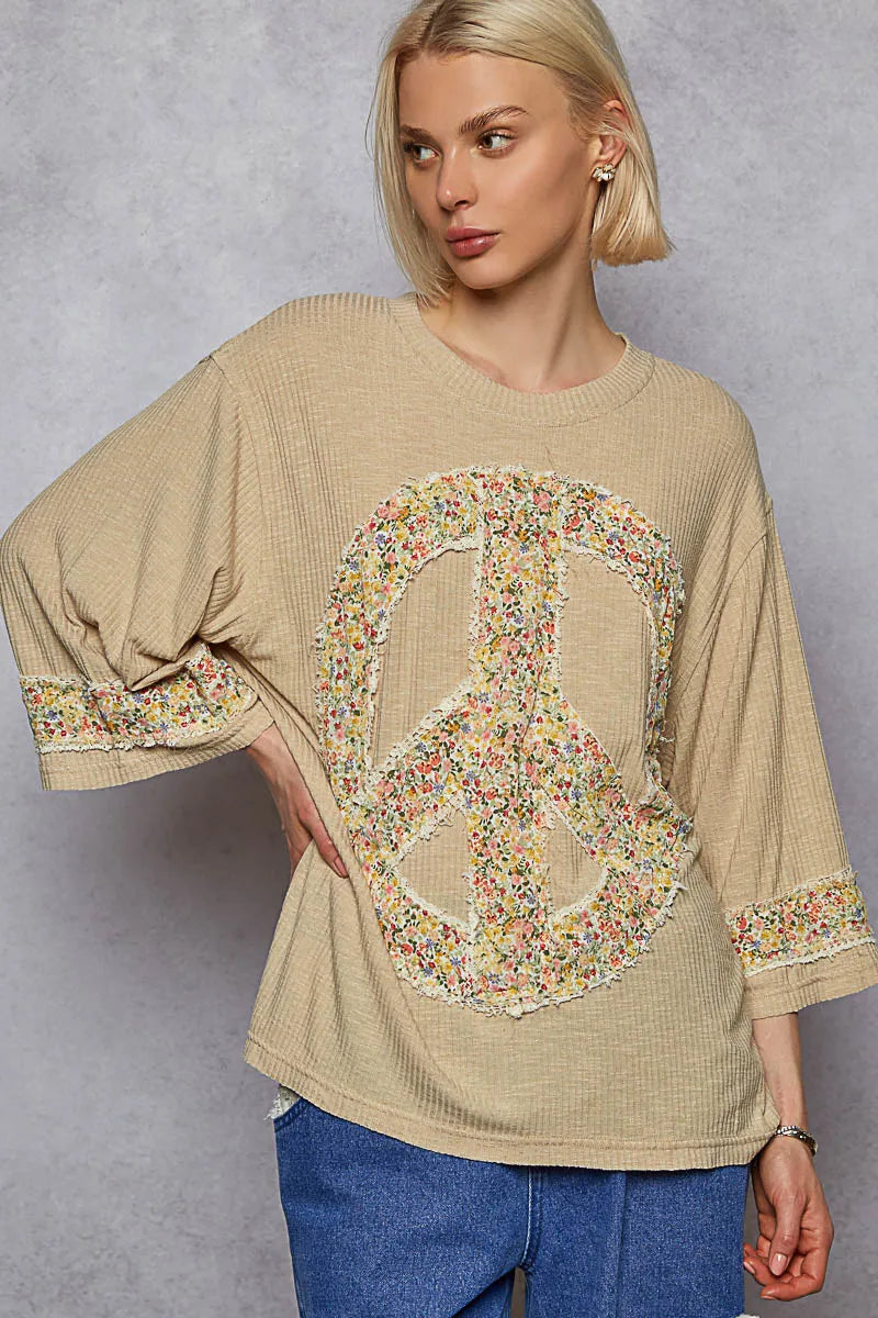 Trendsi POL Floral Peace Patch Drop Shoulder T-Shirt