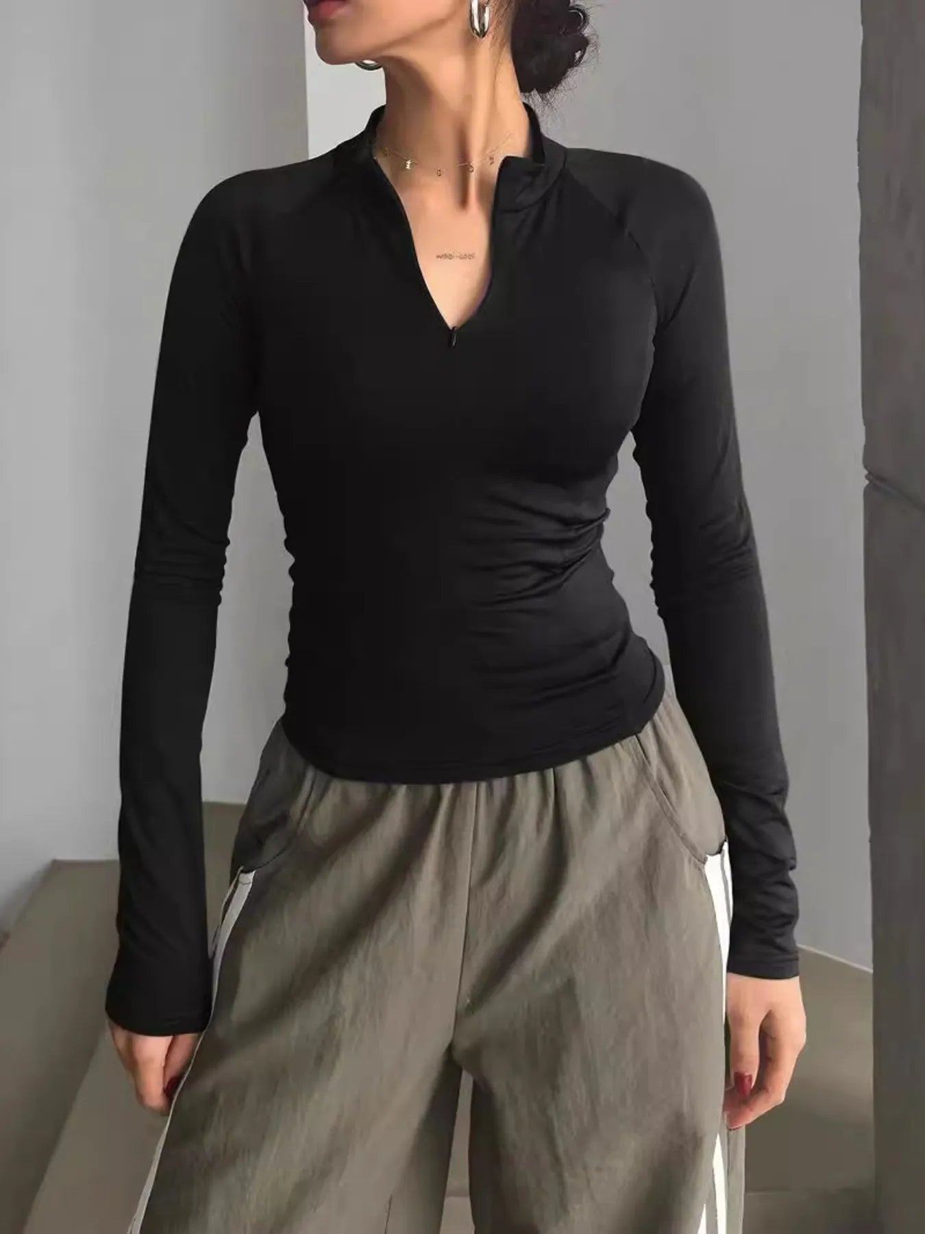 Trendsi Long Sleeve Zip Front Fitted T-Shirt