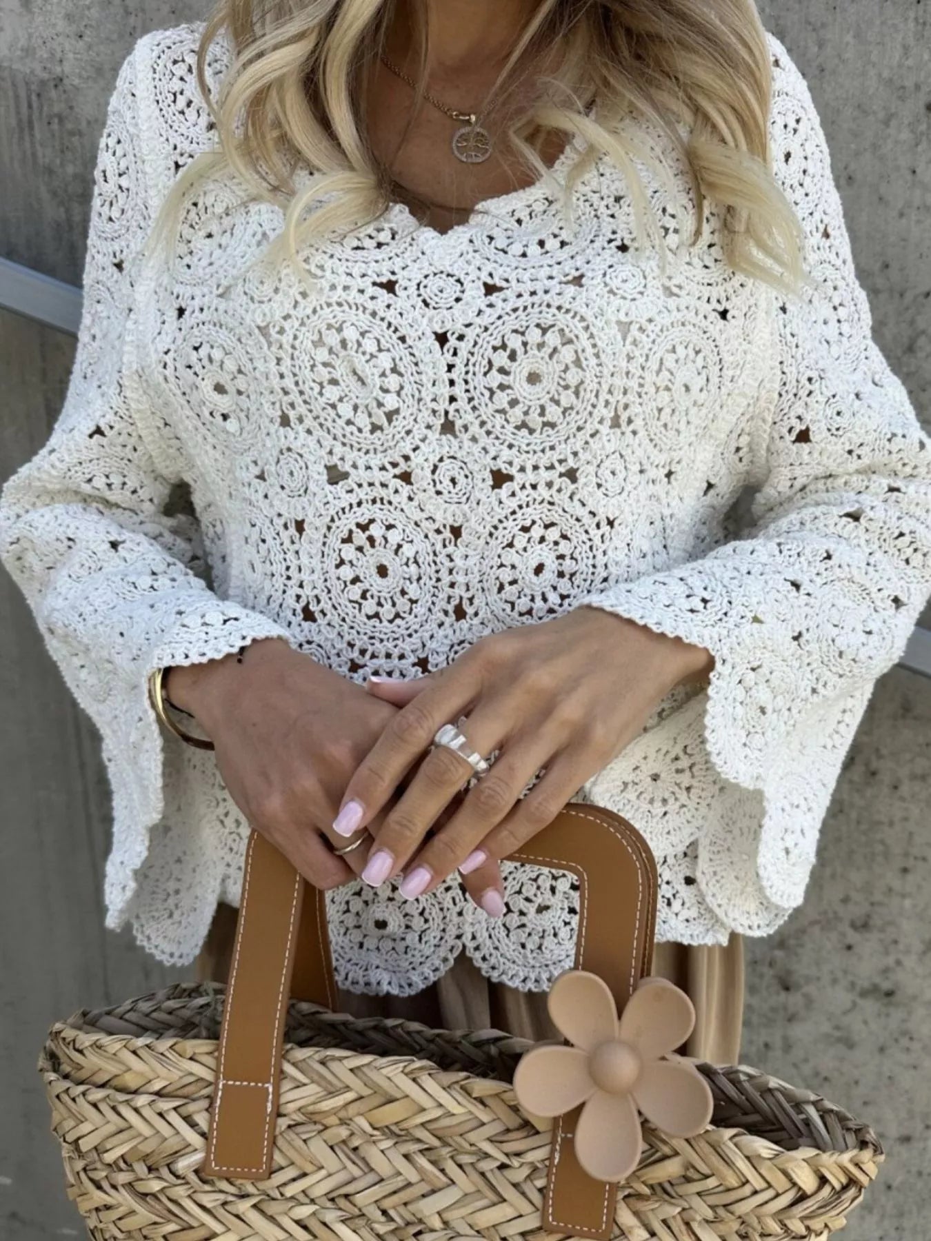 Trendsi Crochet Lace V-Neck Bell Sleeve Knit Top