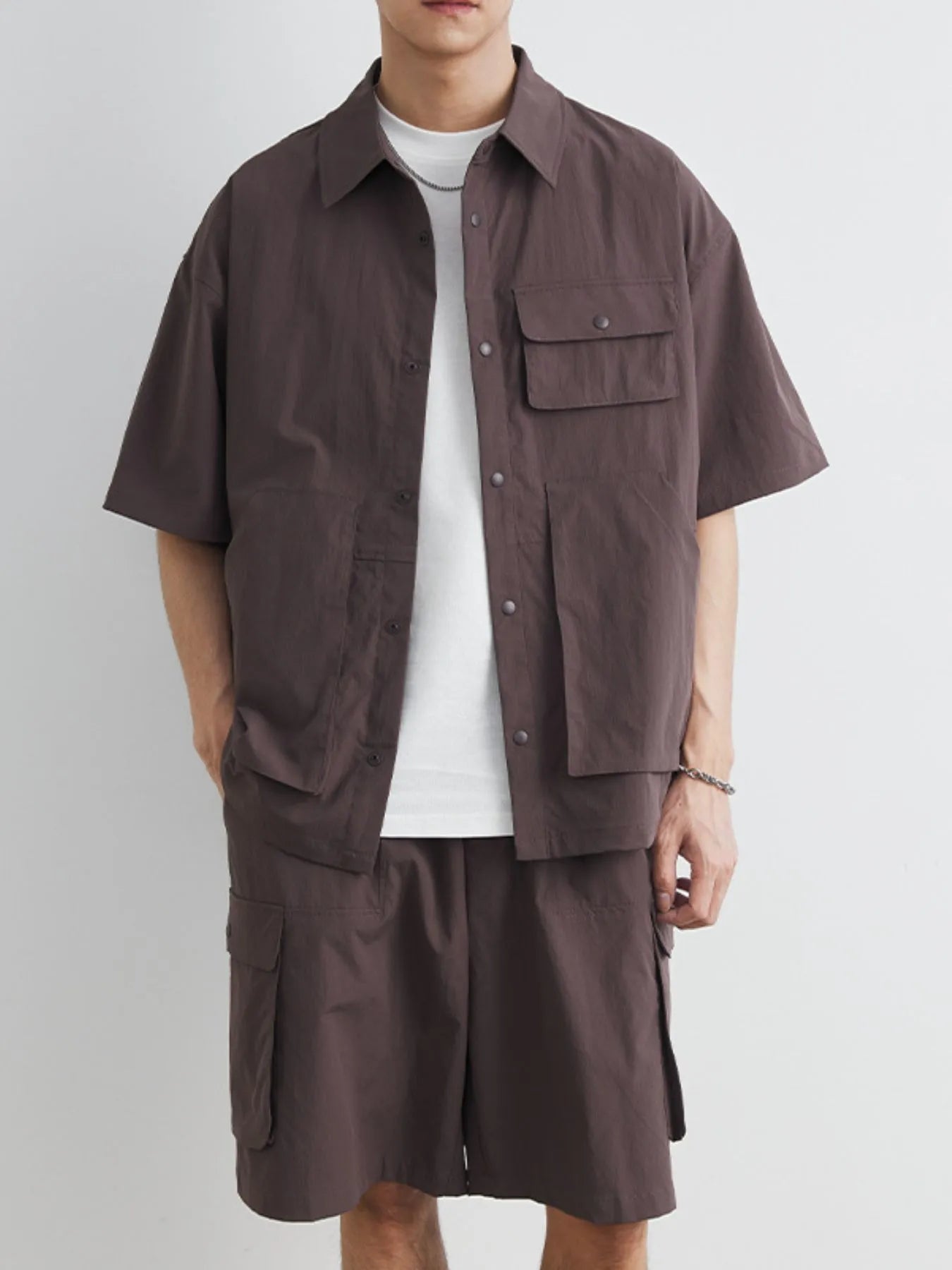 Men's Plus Size Button Up Short Sleeve Shirt and Shorts Set Purple Easy Apparels
