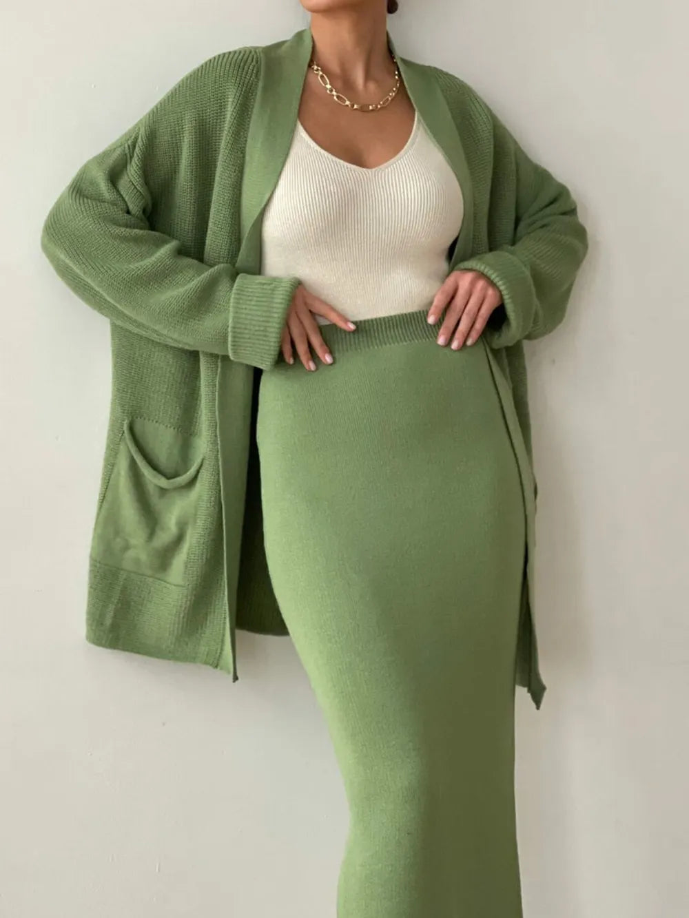 Pocketed Long Sleeve Cardigan and Skirt Sweater Set Easy Apparels