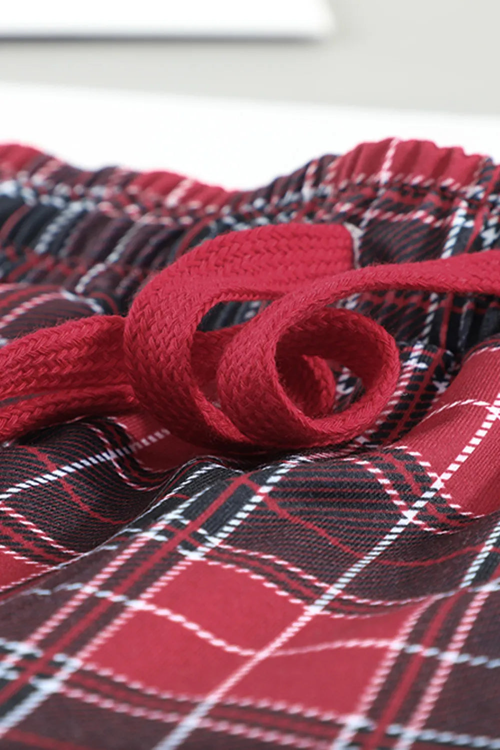 Round Neck Top and Drawstring Plaid Pants Lounge Set Easy Apparels