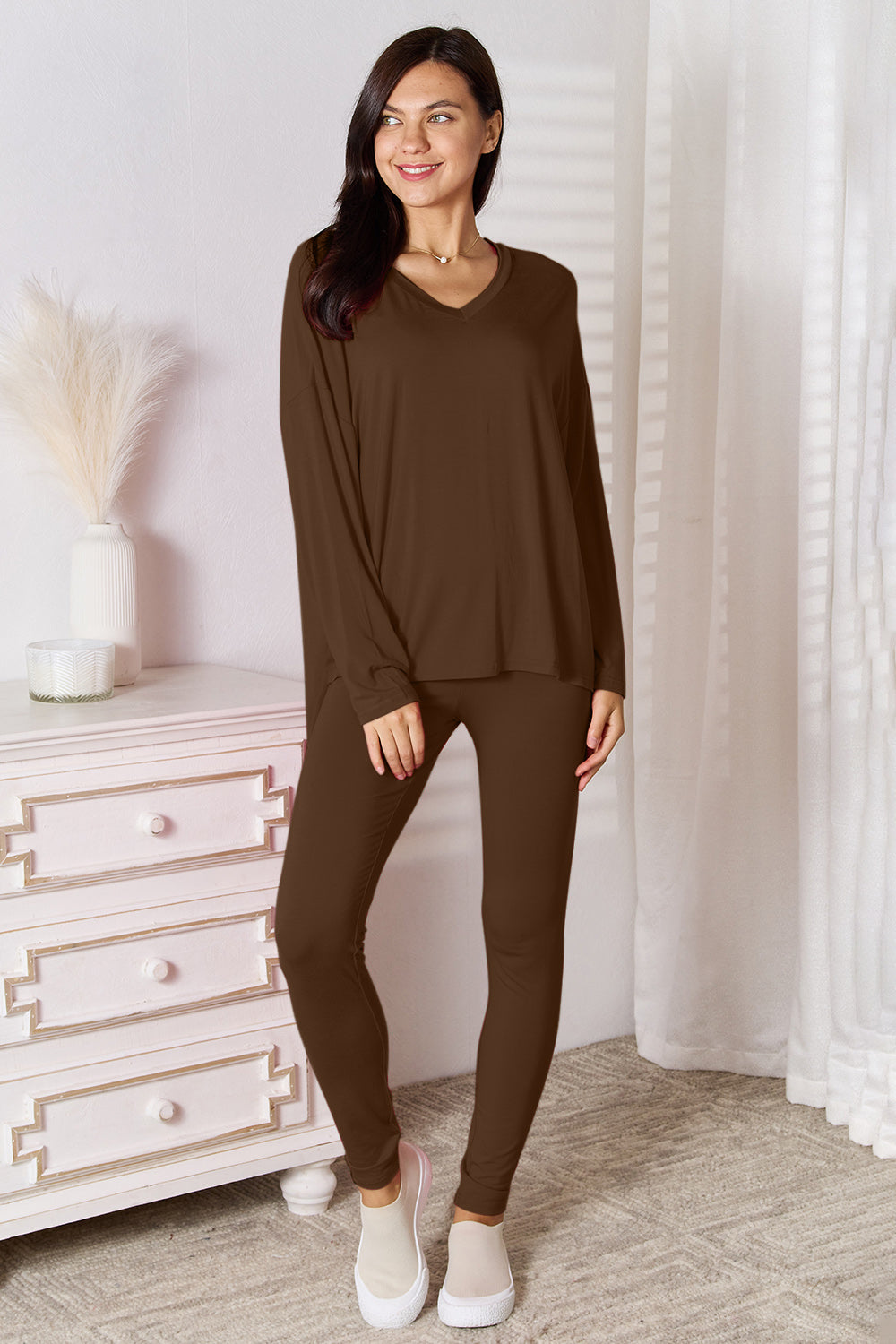 Basic Bae Full Size V-Neck Soft Rayon Long Sleeve Top and Pants Lounge Set Easy Apparels