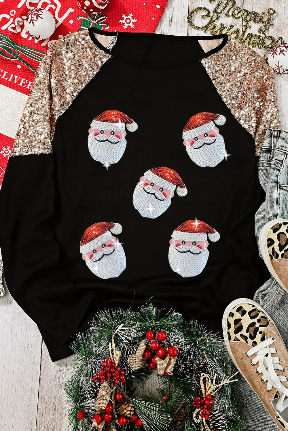 Trendsi Santa Sequin Long Sleeve Round Neck Top