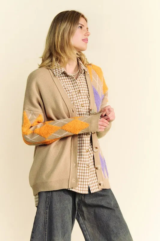 Davi & Dani Argyle V-Neck Dropped Shoulder Cardigan Easy Apparels