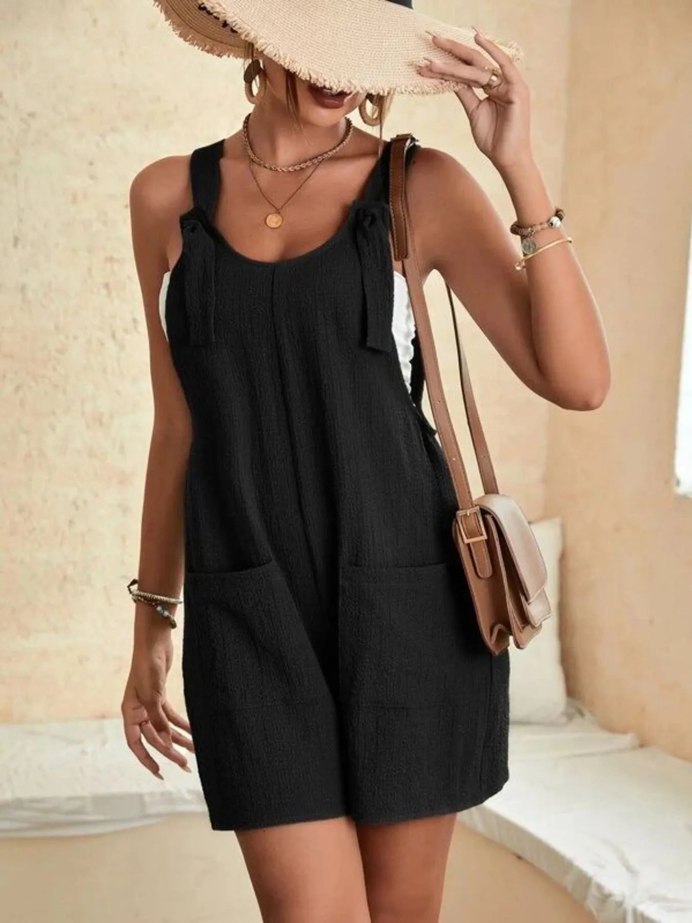 Full Size Knot Strap Romper with Pockets Plus Size Easy Apparels
