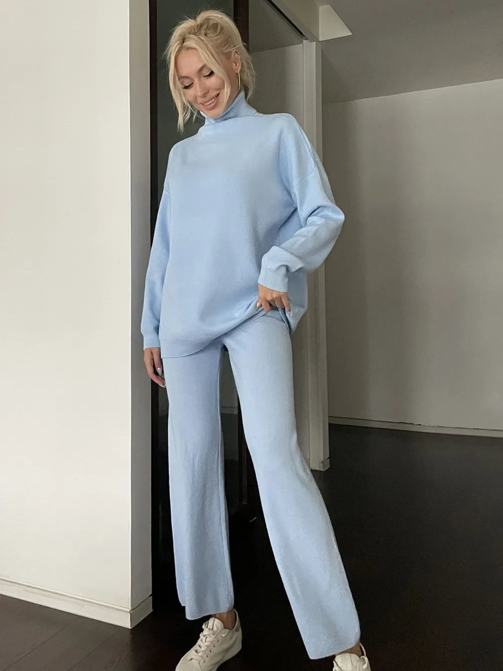 Turtleneck Long Sleeve Top and Drawstring Pants Sweater Set Easy Apparels
