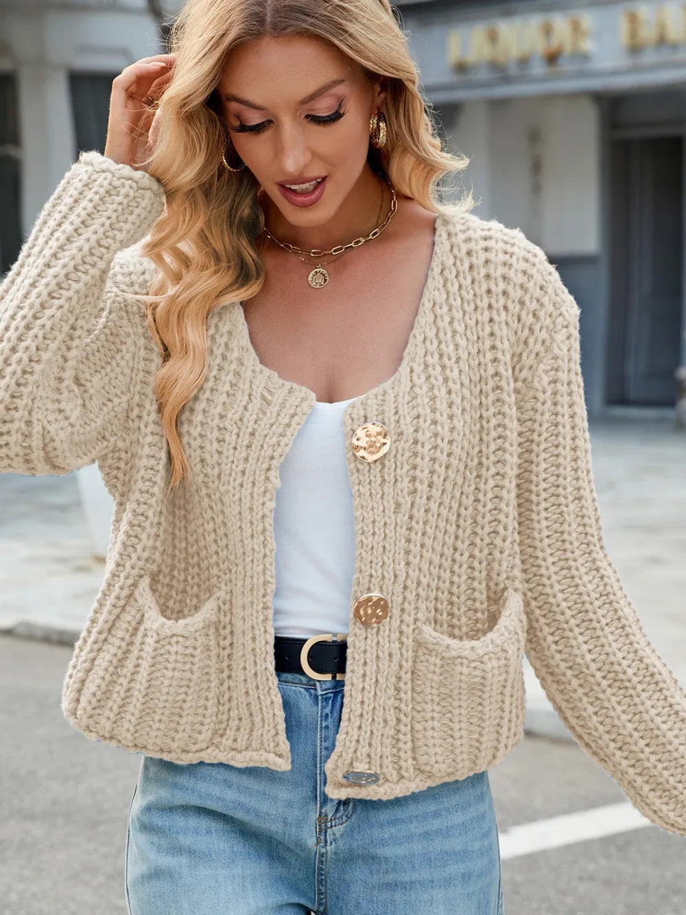 Round Neck Button Up Cardigan with Pockets Easy Apparels