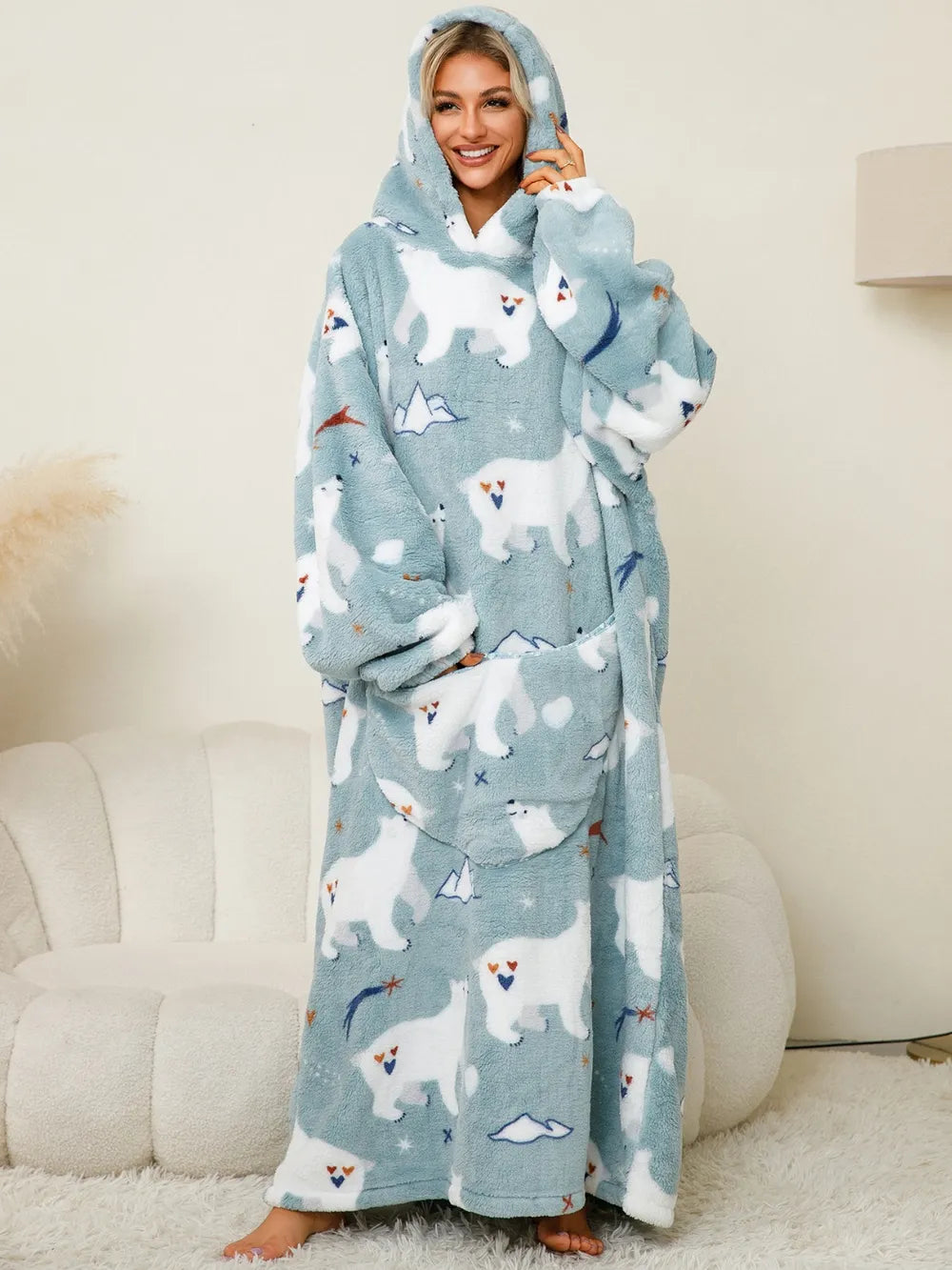 Fuzzy Pocketed Long Sleeve Hooded Lounge Dress Air Force Blue One Size Easy Apparels