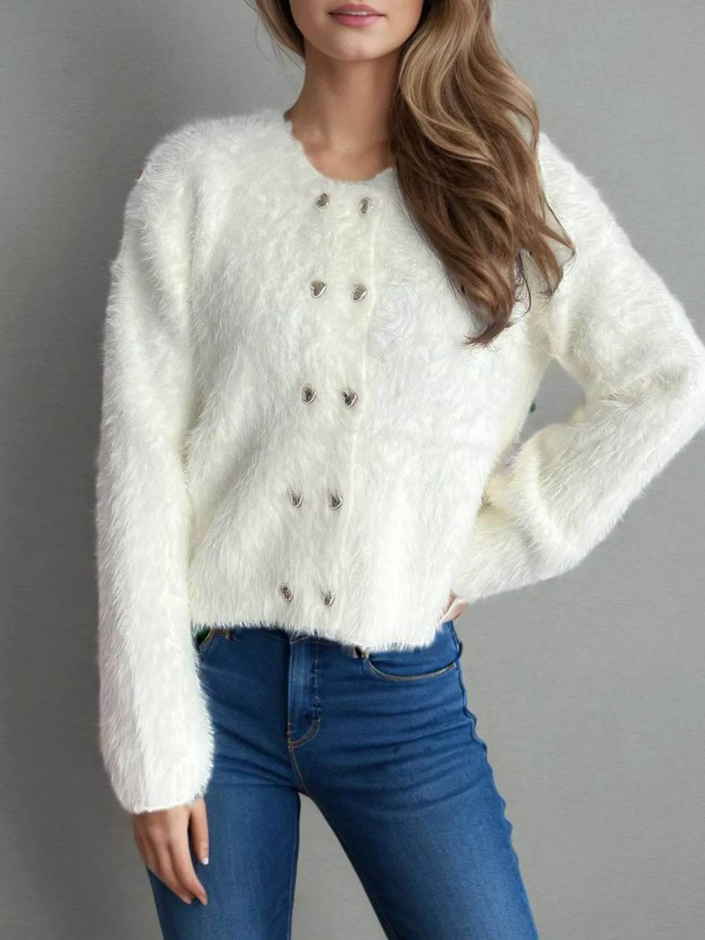 Heart Button Round Neck Cardigan White One Size Easy Apparels