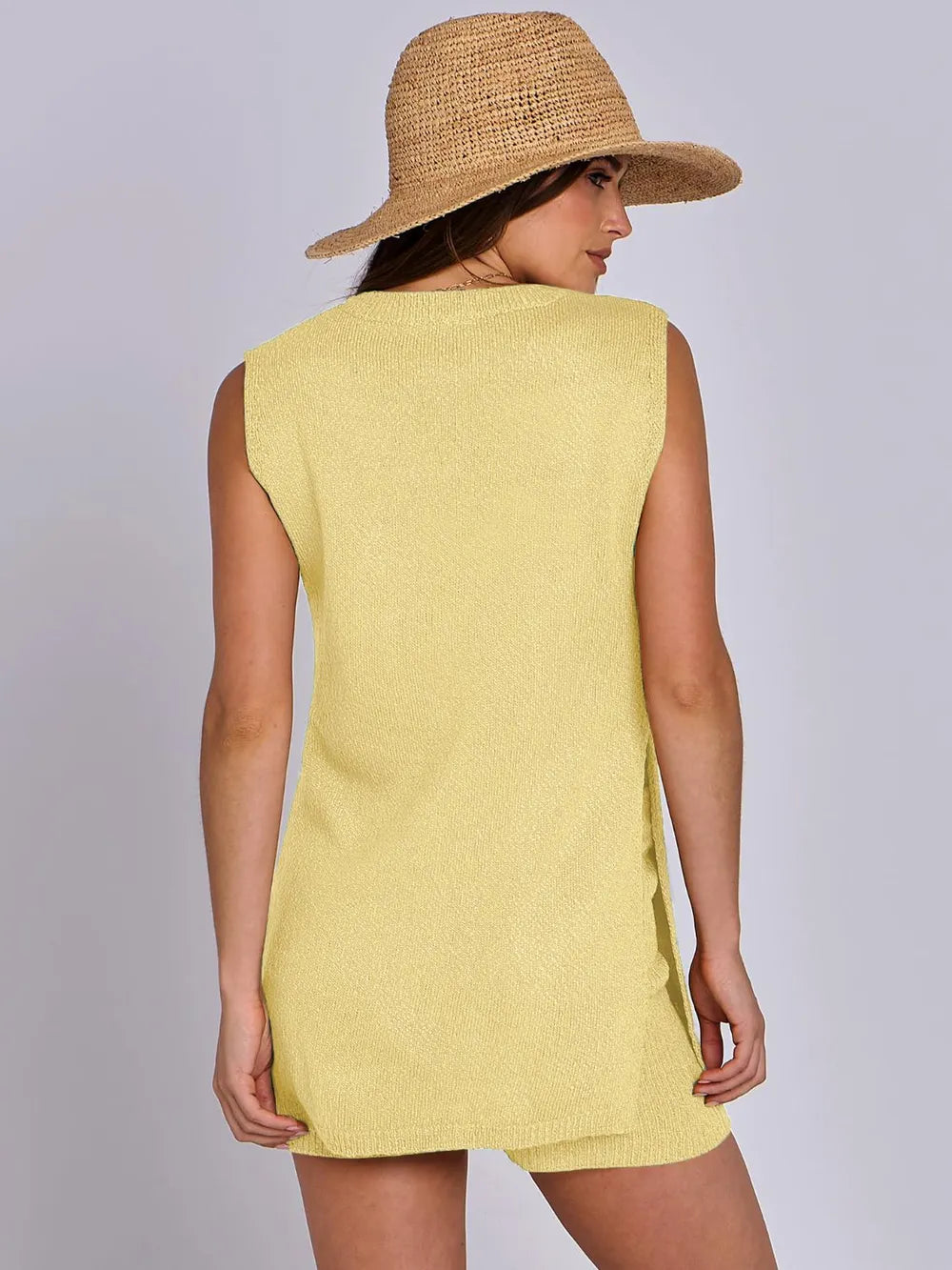Side Slit Round Neck Tank and Ribbed Shorts Sweater Set Easy Apparels