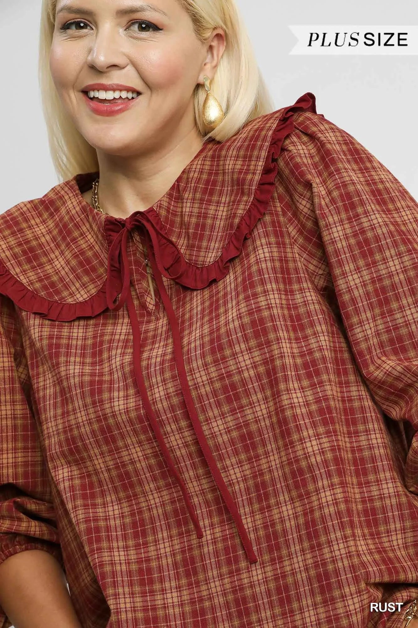 Umgee Full Size Plaid Ruffle Collar Blouse Plus Size Easy Apparels