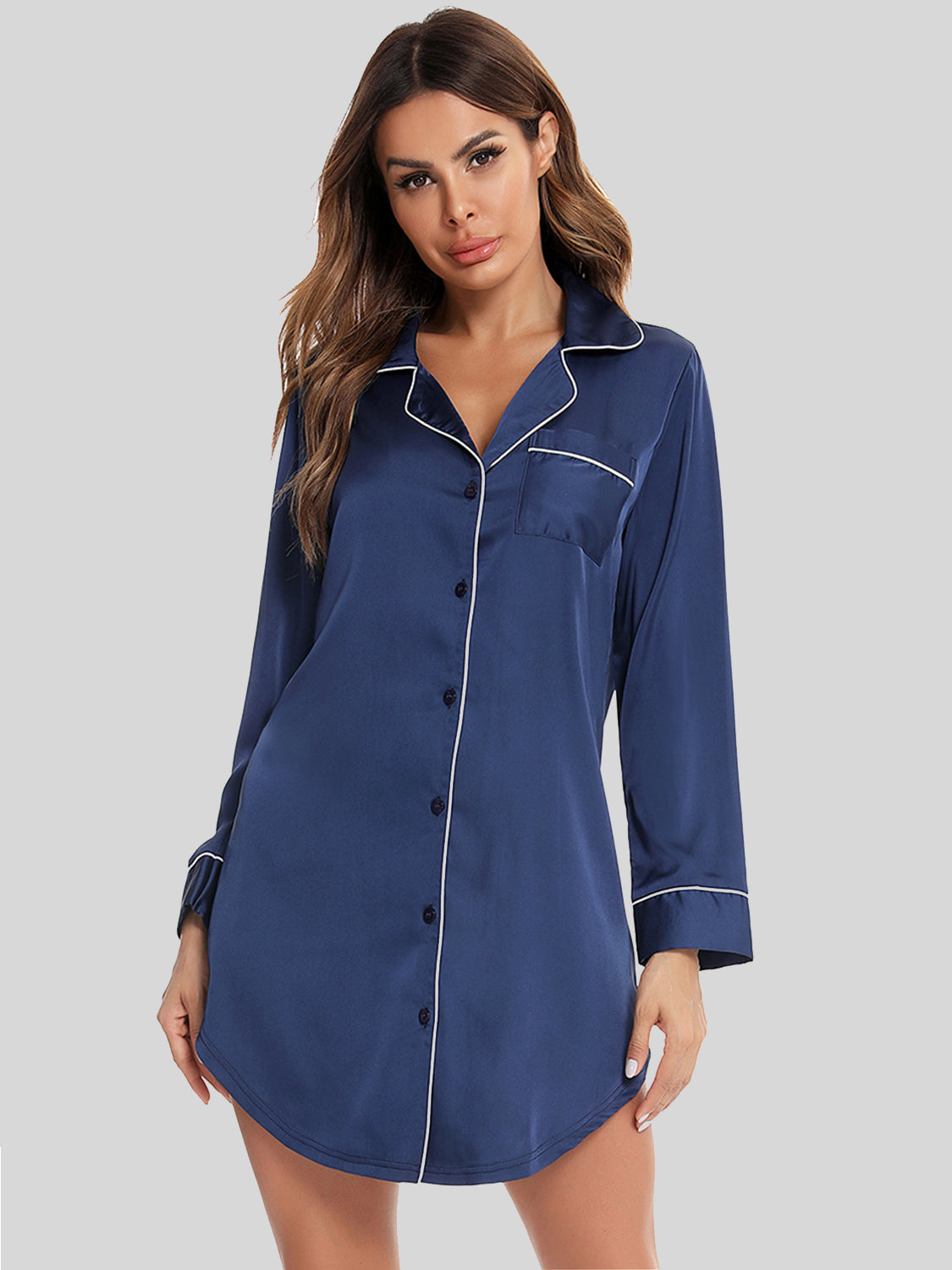 Button Up Lapel Collar Night Dress with Pocket Peacock Blue Easy Apparels