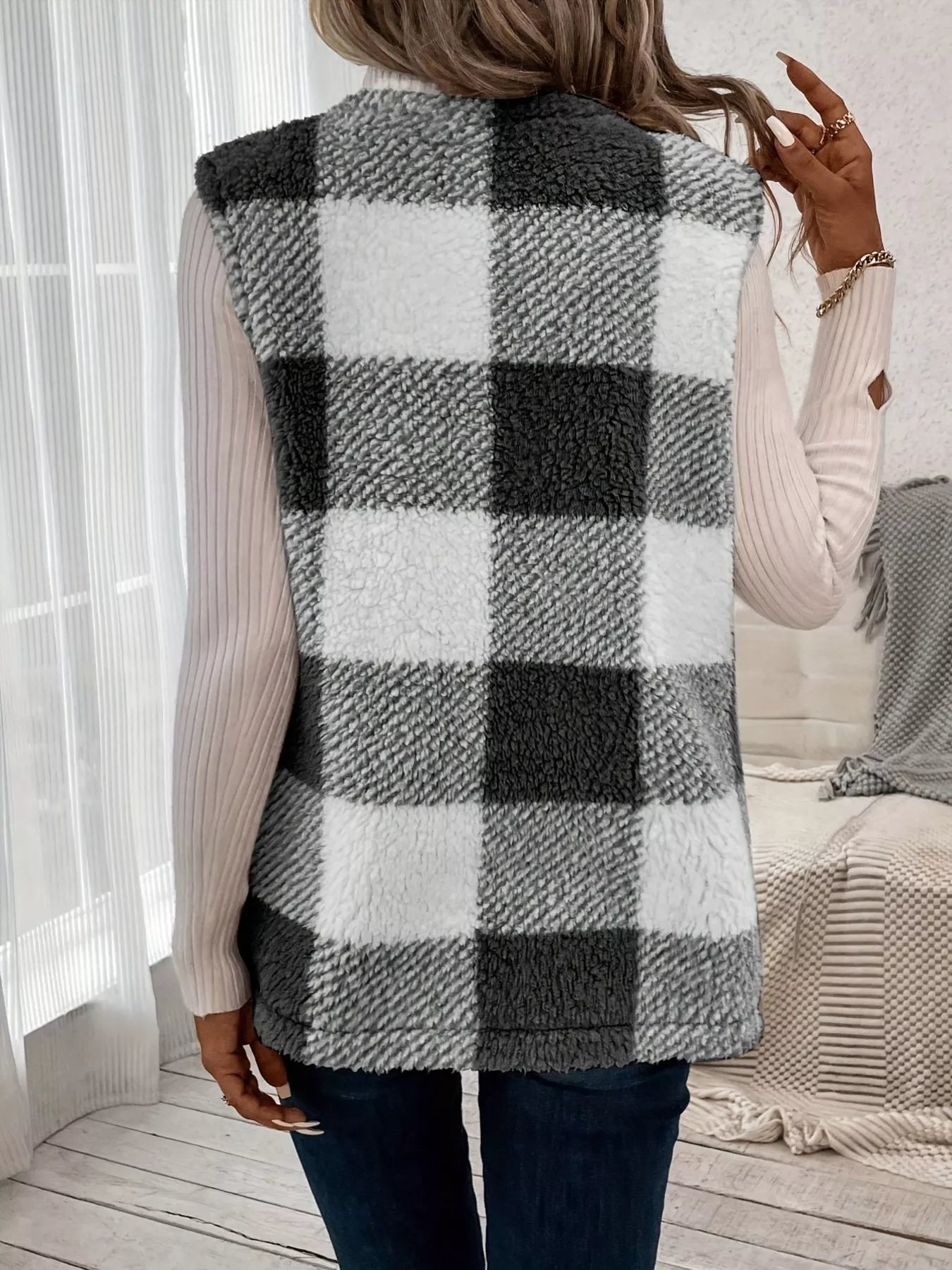 Plaid Sherpa Vest Coat with Pockets Easy Apparels