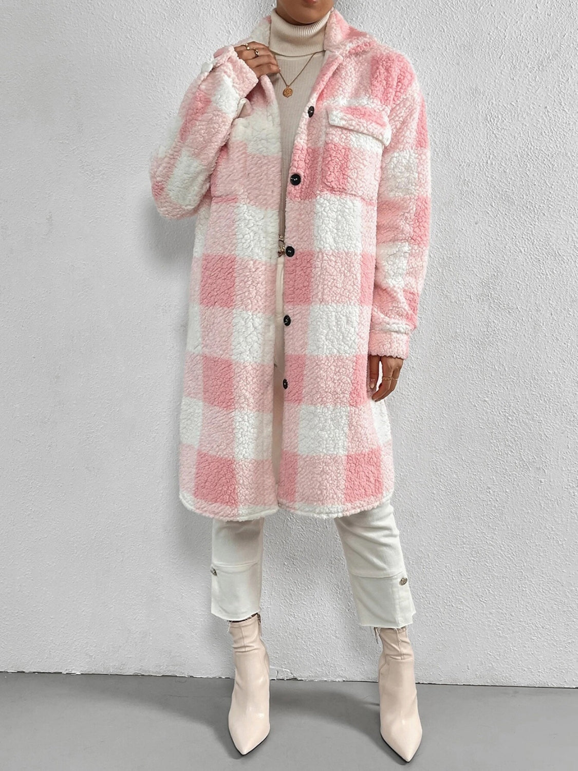 Plaid Collared Neck Button Down Coat Easy Apparels