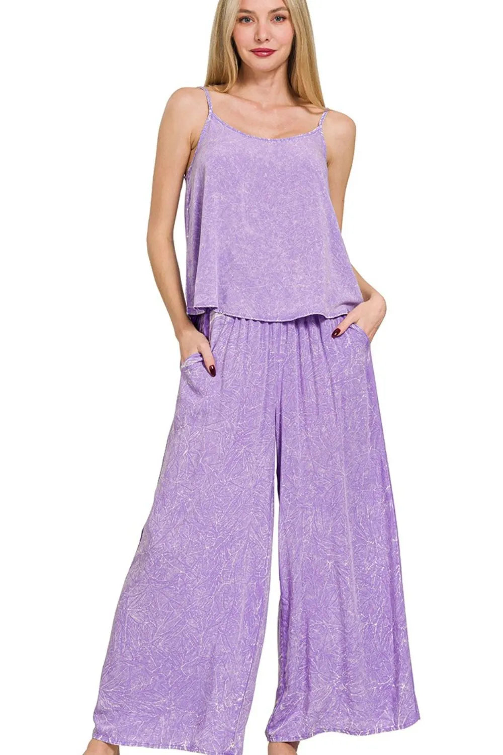 Zenana Woven Acid Crinkle Washed Cami & Pants 2 Piece Set LAVENDER Easy Apparels