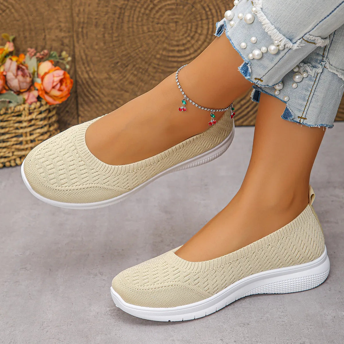 Round Toe Mesh Slip-Ons Ivory Easy Apparels