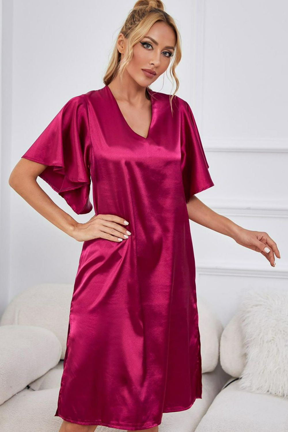 Satin Flutter Sleeve Side Slit V-Neck Night Dress Easy Apparels